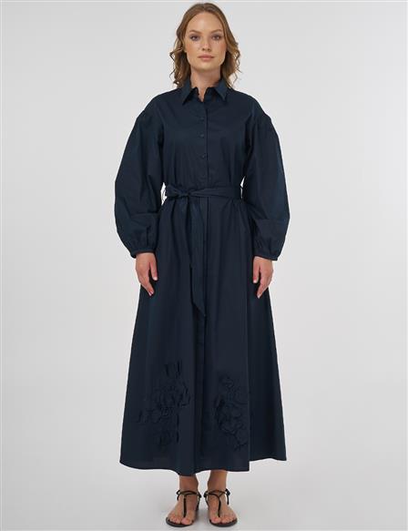 Floral Appliqué Cotton Dress - Dark Navy