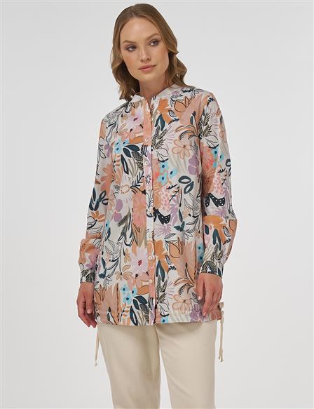 Floral Patterned Drawstring Tunic in Cream