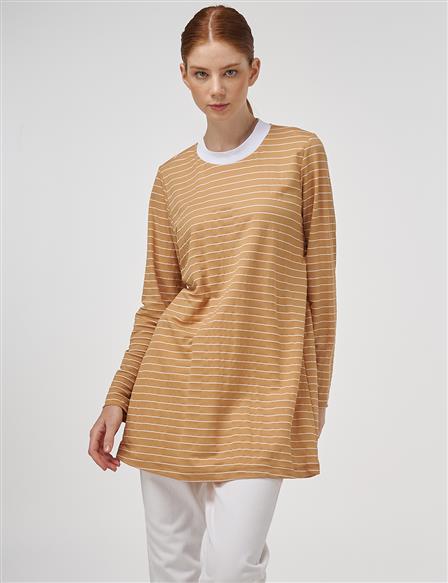 Çizgi Desen Örme Sweatshirt Bej