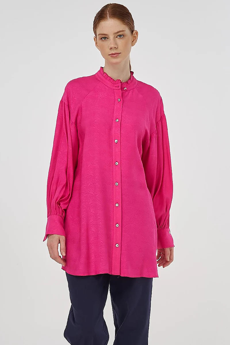 Ruffled Collar Viscose Tunic Fuchsia