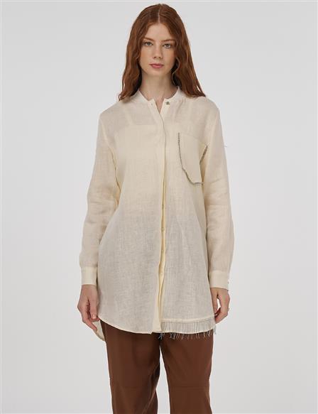 100% Linen Tunic with Bead Embroidery Cream 