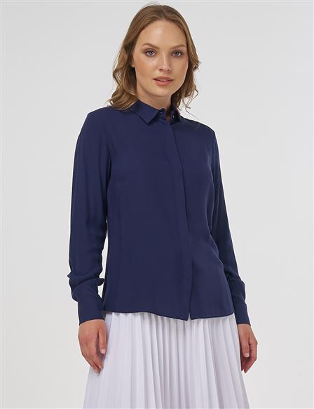 Hidden Placket Basic Shirt - Navy
