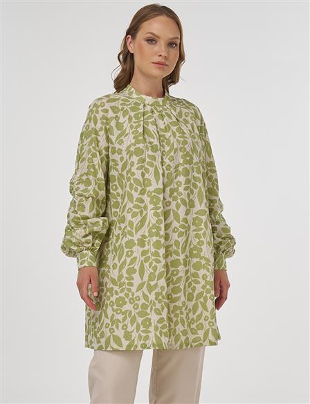 Floral Desen Pamuk Keten Tunik Fıstık Yeşili 
