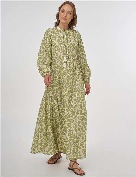 Floral Pattern Cotton-Linen Maxi Dress – Pistachio Green