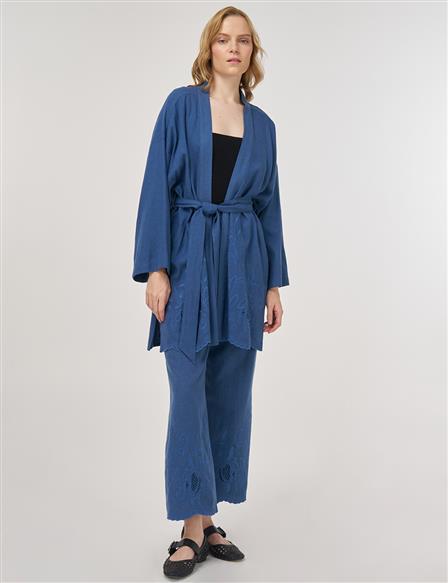 Nakış Aplikeli Keten Viskon Kimono Takım İndigo