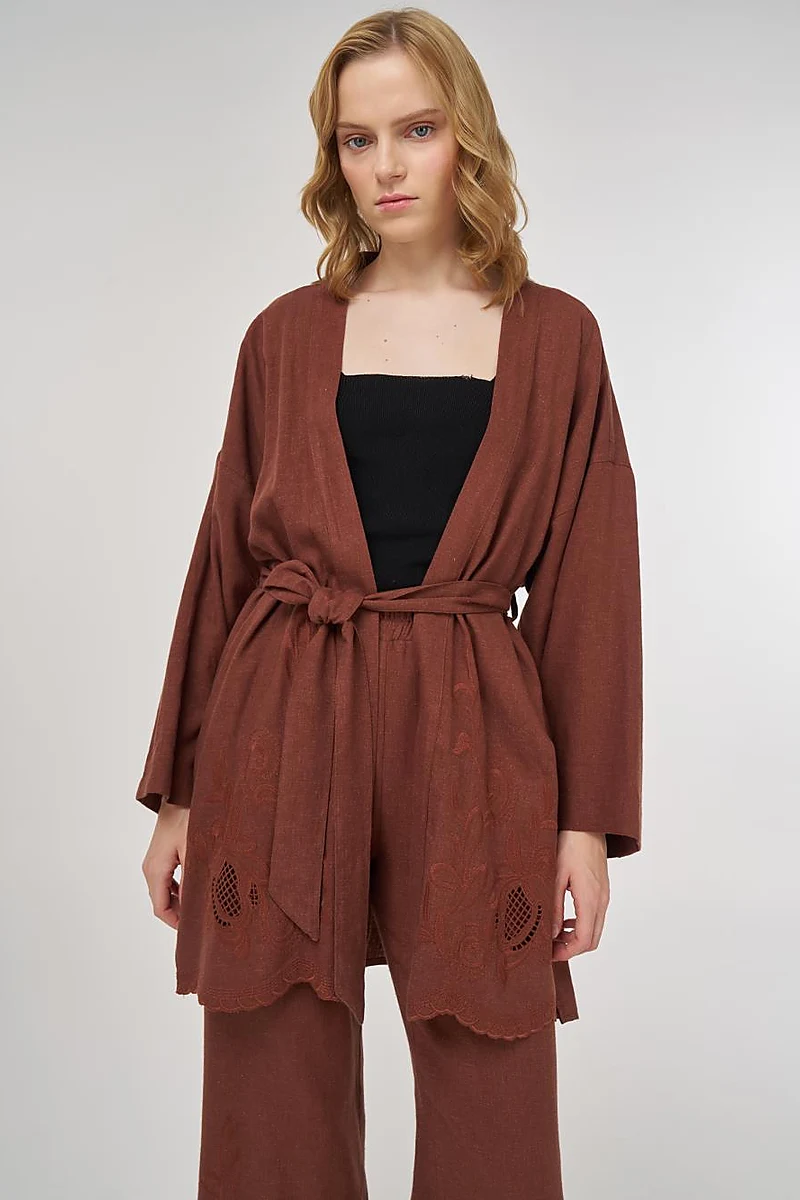 Embroidered Appliqué Linen-Viscose Kimono Set Brown