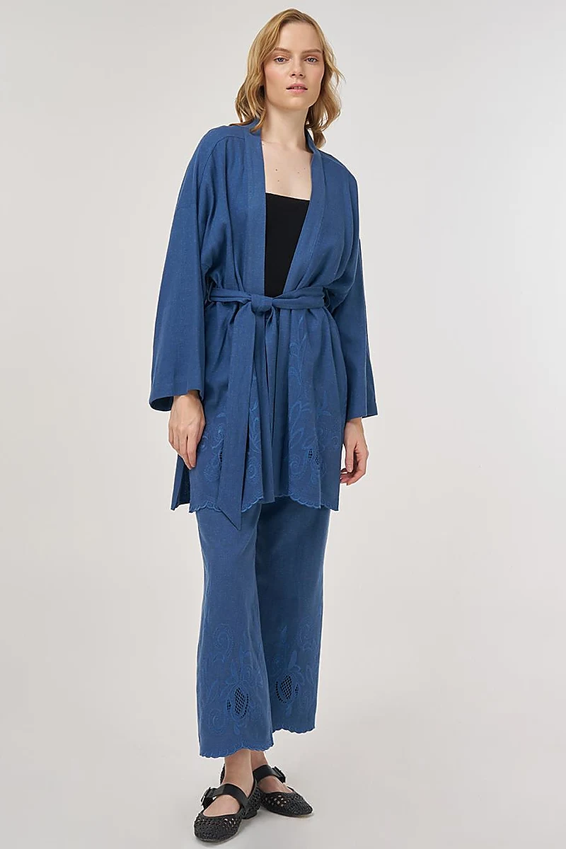Embroidered Appliqué Linen-Viscose Kimono Set Indigo