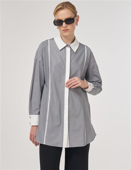 Striped Eyelet Cotton Tunic Black