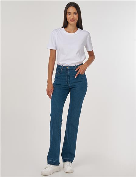 Straight High-Waisted Denim Trousers Navy