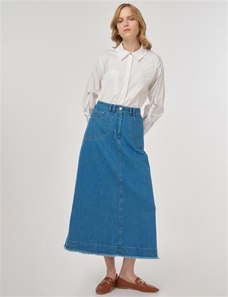 Cep Detaylı Denim Etek İndigo 