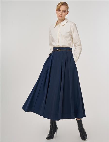 Belted Flared Skirt Dark Navy