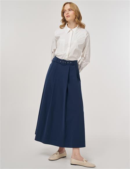 Belted Flared Skirt Dark Navy