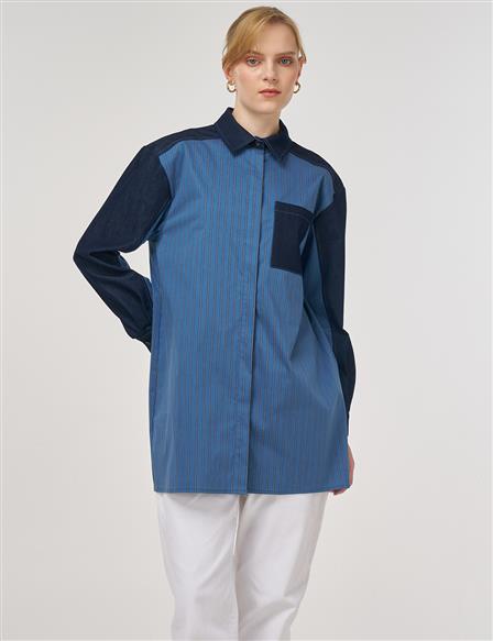 Denim-Trimmed Cotton Tunic Indigo