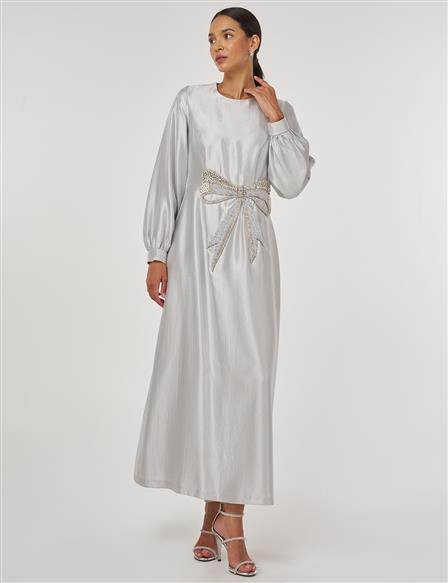 Beaded Satin Elegant Dress Gray