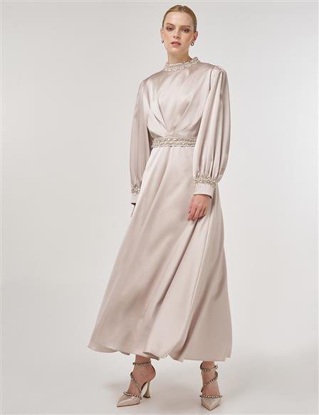Draped Embroidered Satin Dress Stone