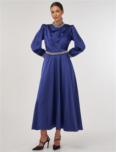 Draped Embroidered Satin Dress Navy 