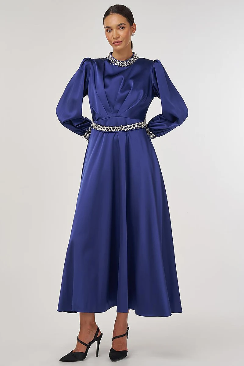 Draped Embroidered Satin Dress Navy 