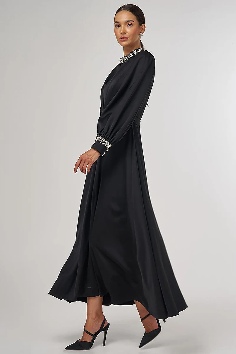 Draped Embroidered Satin Dress Black