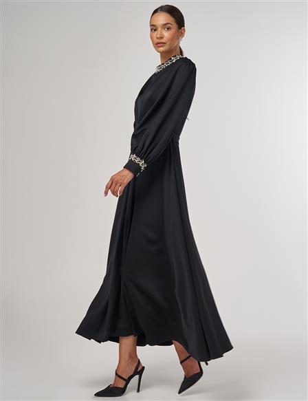 Draped Embroidered Satin Dress Black
