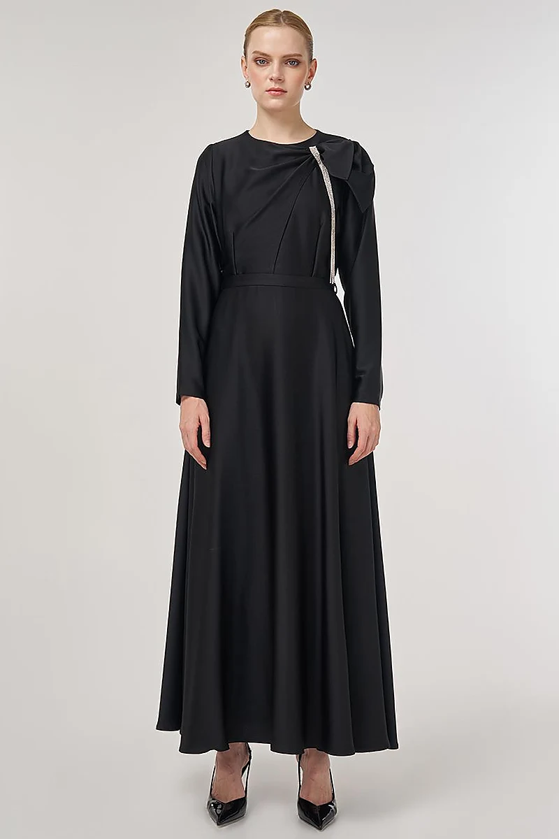 Embroidered Satin Dress Black