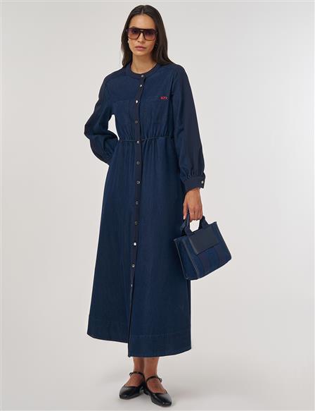 Beli Lastikli Denim Elbise Lacivert
