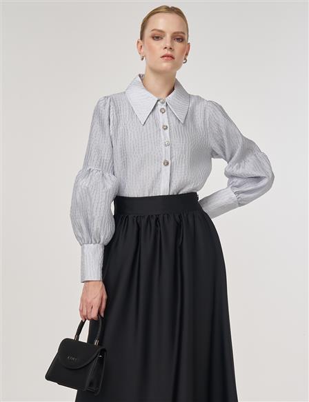 Shiny Button Elegant Blouse Blue 