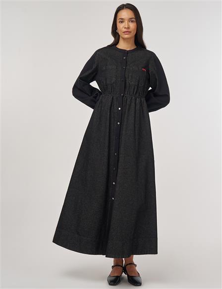 Elastic Waist Denim Dress Black 