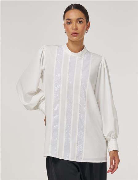 Sequin-Embroidered Elegant Blouse Ecru