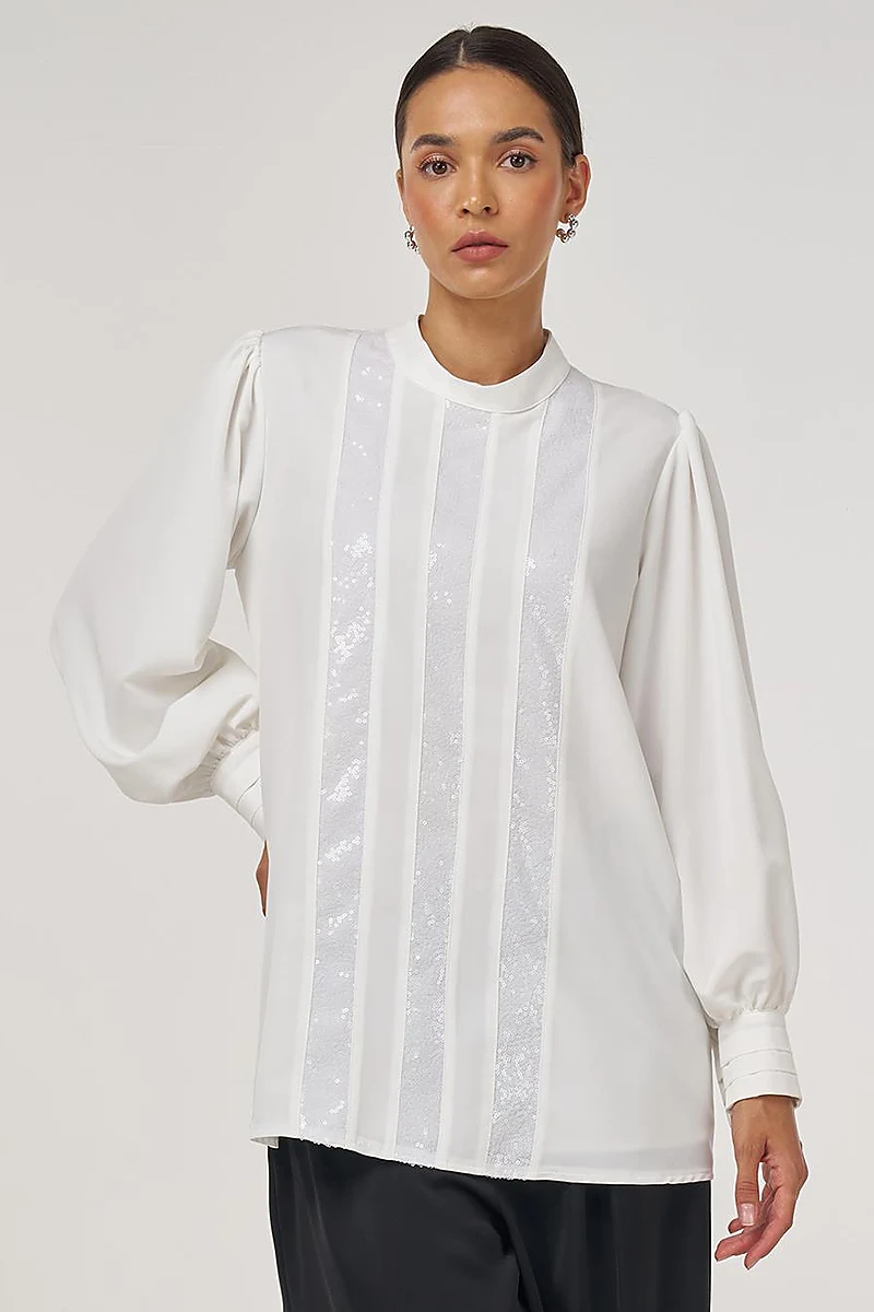 Sequin-Embroidered Elegant Blouse Ecru