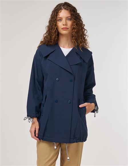 Buttoned Wide Collar Trench Coat Dark Navy