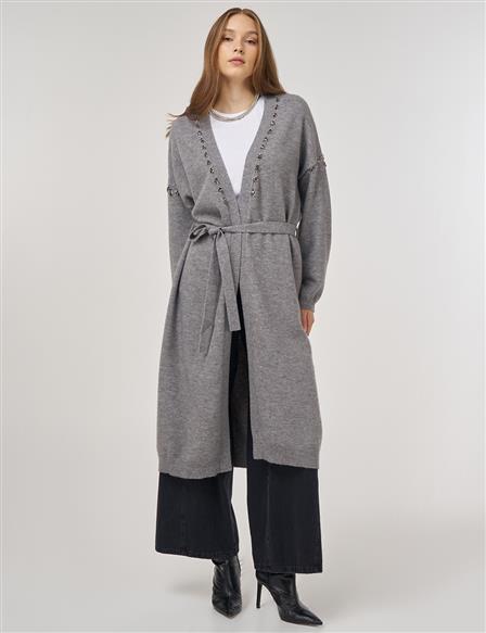 İşlemeli Triko Hırka Gri