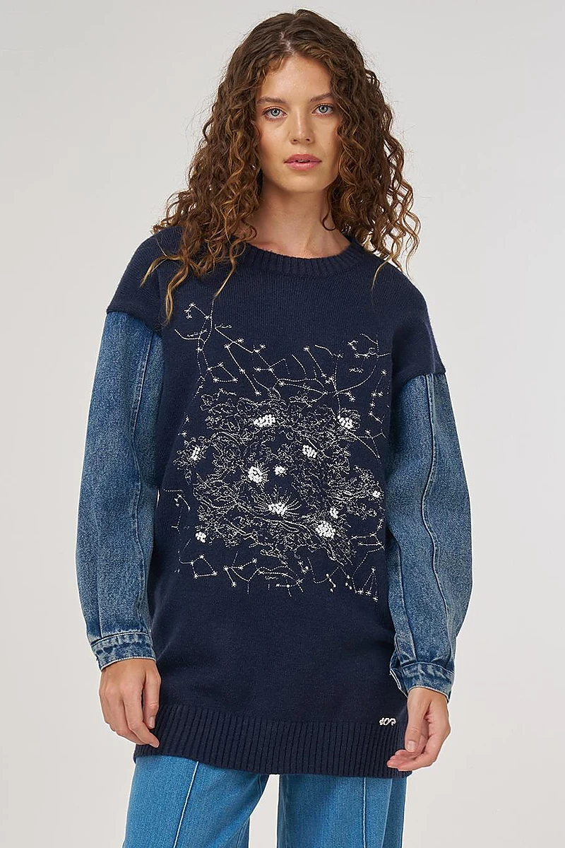 Denim Garnished Knit Tunic in Navy Blue