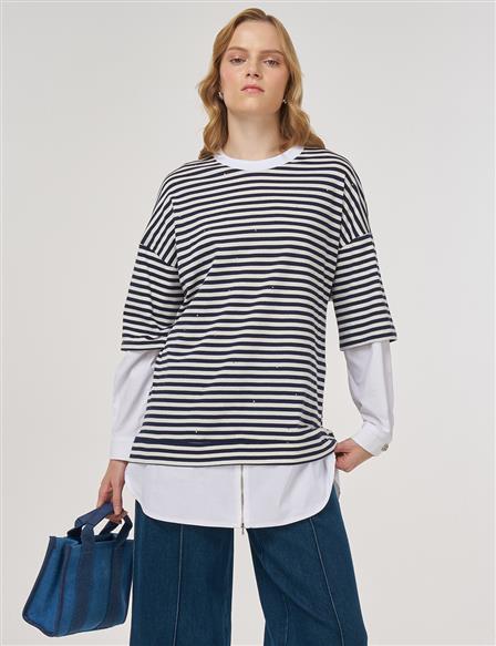 %100 Pamuklu Gömlek Detaylı Sweatshirt Koyu Lacivert 