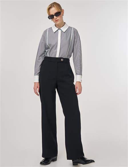 Düğme Detaylı Kumaş Pantolon Siyah