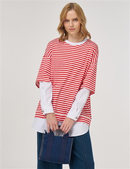 %100 Pamuklu Gömlek Detaylı Sweatshirt Kırmızı 