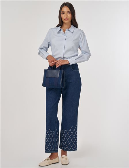 Paçası İşlemeli Denim Pantolon Lacivert 