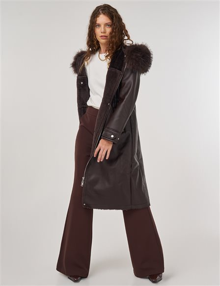 Faux Fur Detailed Faux Leather Jacket Brown
