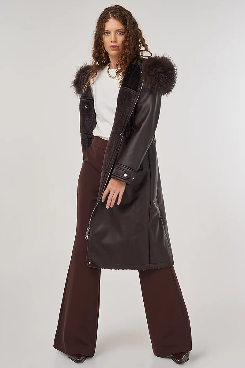 Faux Fur Detailed Faux Leather Jacket Brown