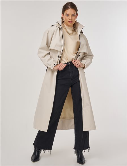 Drawstring Waist Stand-Up Collar Parka Stone