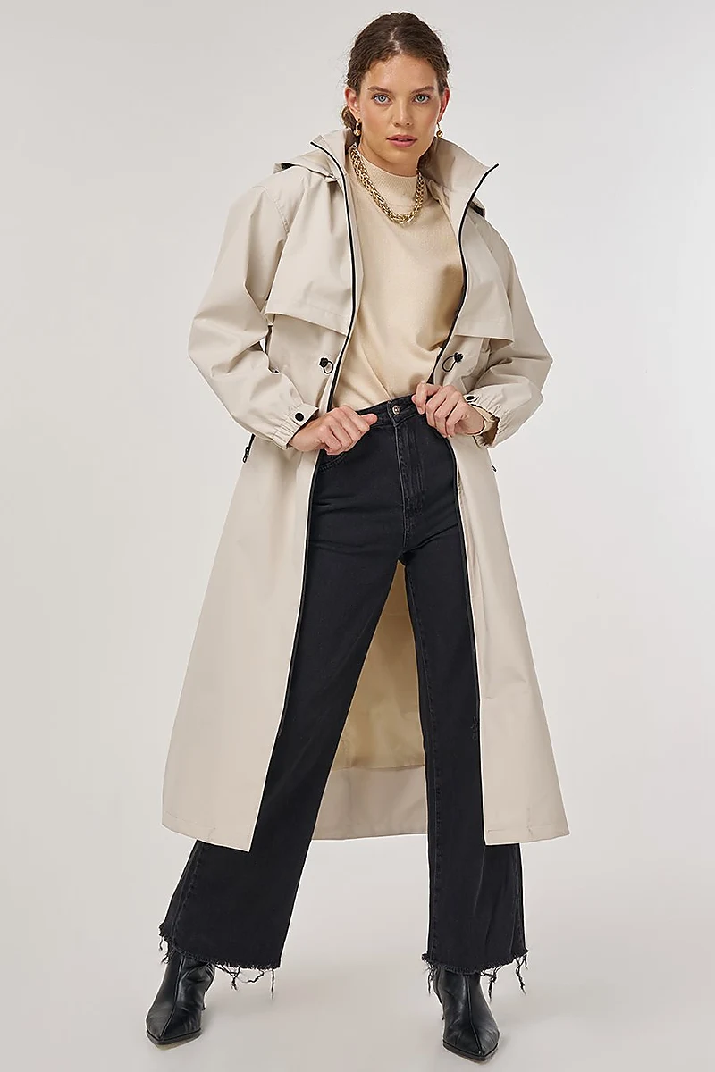 Drawstring Waist Stand-Up Collar Parka Stone