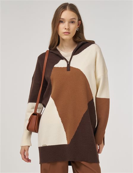 Color Block Knit Tunic in Dark Brown