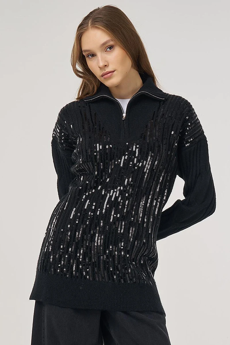 Sequin Embroidered Viscose Knit Tunic in Black