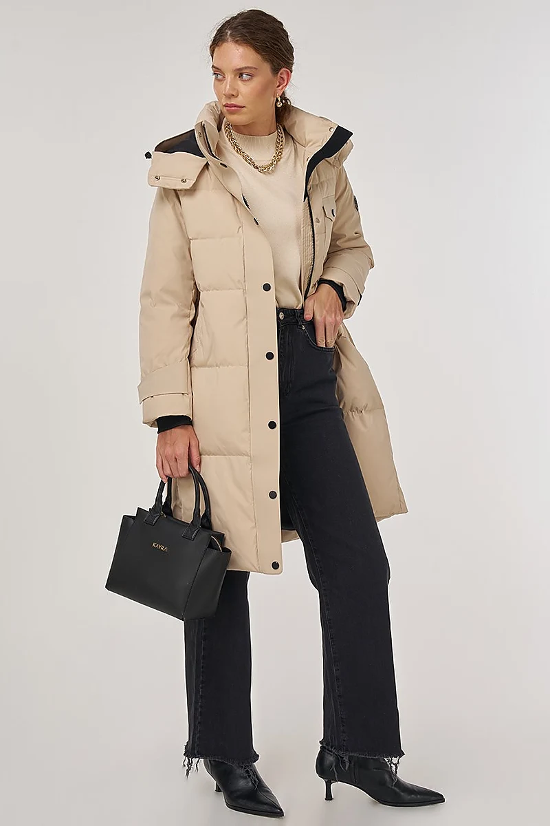Pocket Detailed Goose Down Coat in Cream
