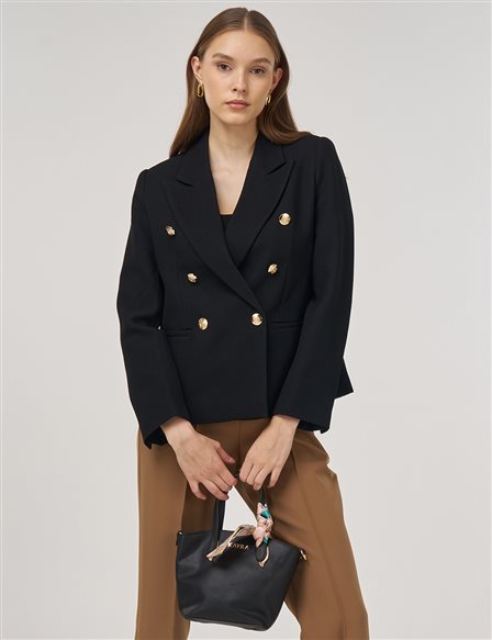 Gold Düğmeli Blazer Ceket Siyah 
