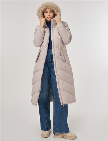 Faux Fur Detailed Anorak Coat in Stone