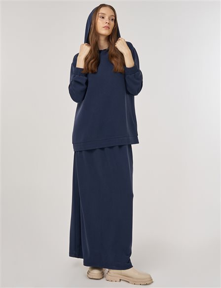 Hooded Skirted Two-Piece Suit in Navy Blue