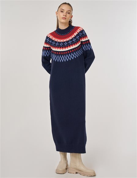 Patterned Knit Dress in Dark Navy