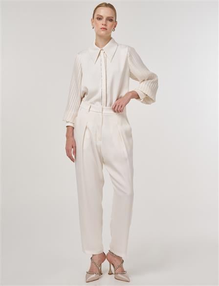 Pleated Satin Pants Ecru