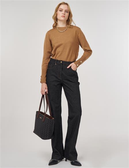 Straight Yüksek Bel Denim Pantolon Siyah