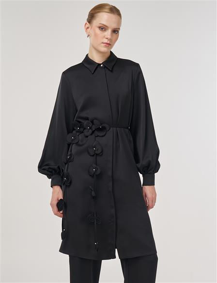Floral-Embellished Elegant Tunic Black